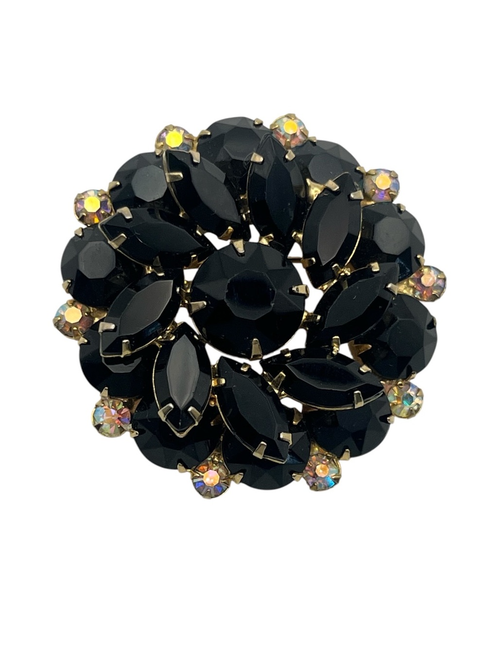 Juliana D&E black rhinestone & aurora borealis gold tone brooch pin vintage
